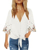 White Floral Sleeves V-Neckline Button-Down Loose Tie-Front Top