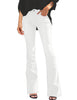 Model wearing white mid-waist wide leg flared denim jeans
