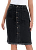 Model wearing black frayed hem button-down midi denim skirt