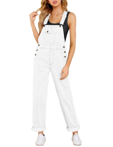 Front view of model wearing white flap pocket boyfriend jeans denim overalls