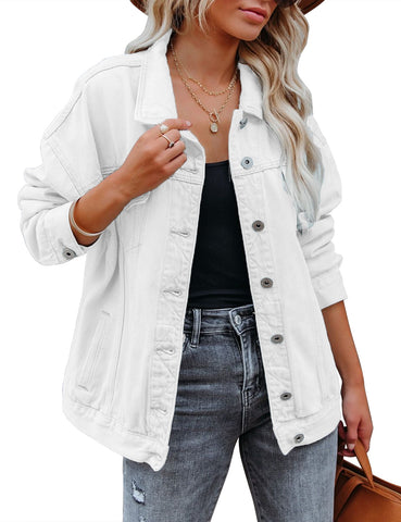 White Drop Shoulder Button-Down Vintage Denim Jacket