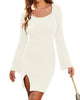 Womens Sweater Dress Bodycon Square Neck Slit Short Dresses Bell Long Sleeve Knit Sexy Outfit