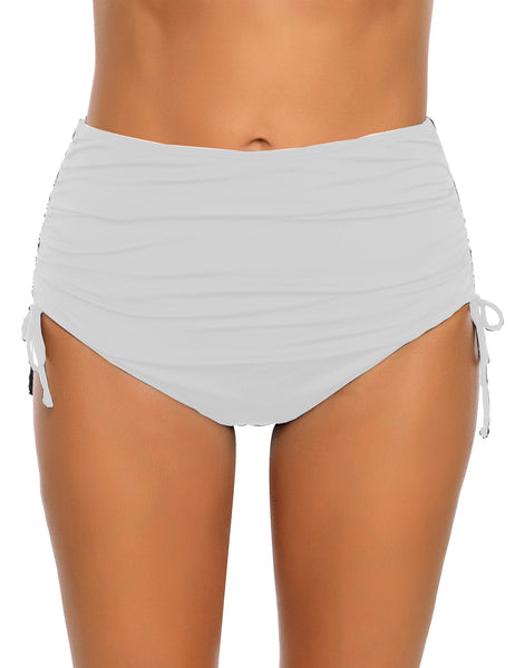 Front view of model wearing White Side-Drawstring High Waist Ruched Bikini Bottom