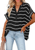 Model poses wearing black split V-neckline batwing sleeves striped loose top
