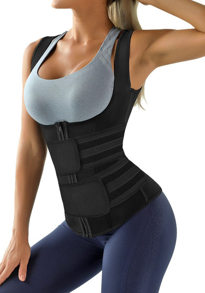 Model poses wearing black zip-up snap corset women's waist trainer