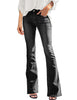 Front view of model wearing black mid-waist wide leg flared denim jeans