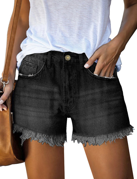 Women's Ripped Frayed Raw Hem Pockets Mid Rise Denim Shorts Jeans