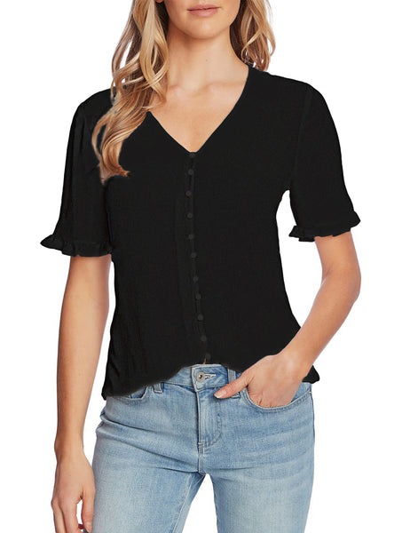 Model wearing black ruffle trim short sleeves V-neck button-down top
