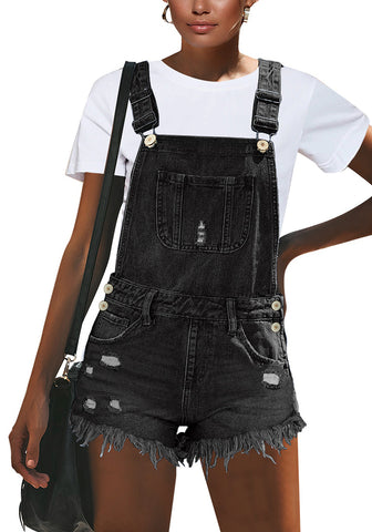 Women's Ripped Denim Bib Overall Shorts Raw Hem Shortall Jeans