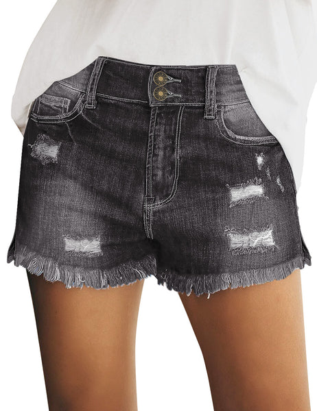Women Summer High Waisted Sewn Cuffed Hem Buttons Denim Jean Shorts