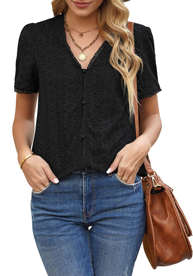Cheap Women's Summer Fashion V-neck Short Sleeve Shirt Tops Lace
