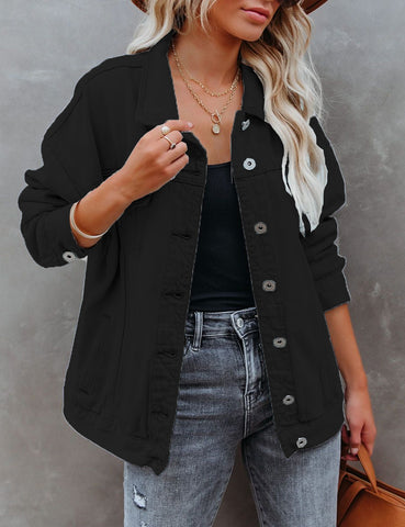 Black Drop Shoulder Button-Down Vintage Denim Jacket