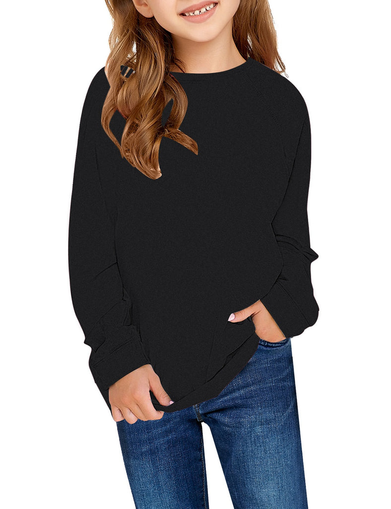 Black Plain Color Crew Neckline Pullover Girls' Top | Lookbook Store