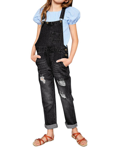 Black Cuffed Hem Distressed Girls' Denim Jeans Overall