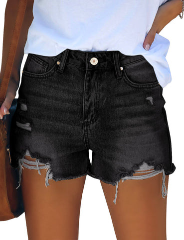 Black High Waist Ruched Hem Distressed Denim Shorts