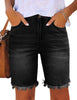 Front view of model wearing frayed hem fitted bermuda shorts - black