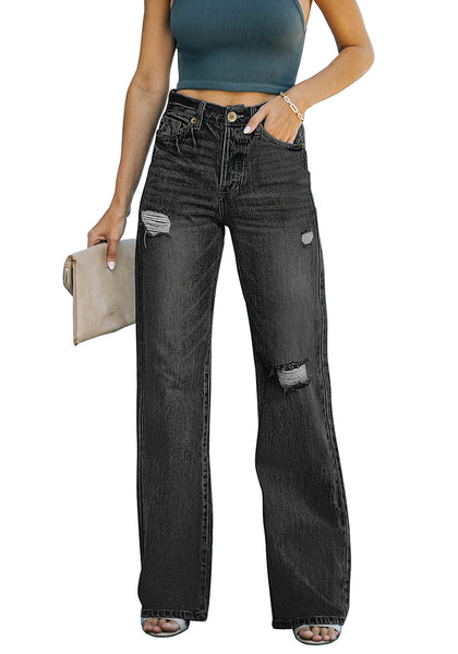 Black Ripped Knee Wide-Leg Straight Jeans