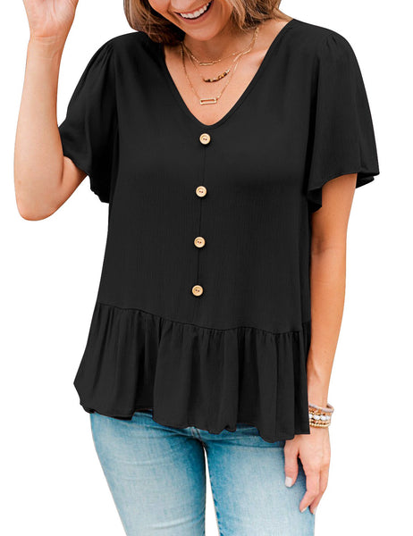 Front view of model waring black V-neckline buttons loose peplum top
