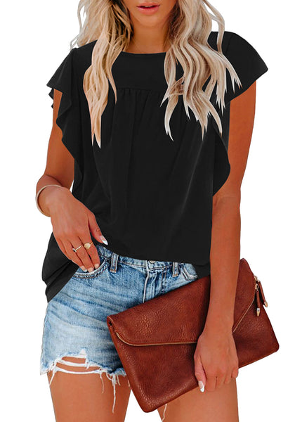 Front view of model wearing black short ruffle sleeves crew neck pleated loose top