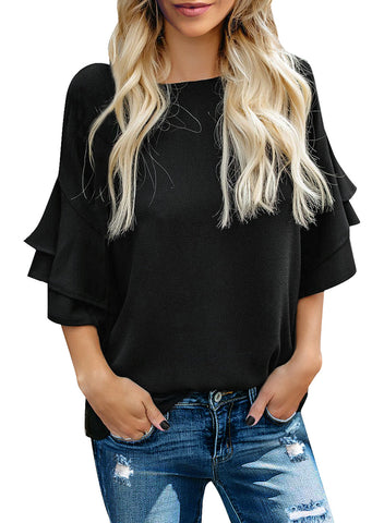 Black Women's Summer Blouse Casual Ruffle 3/4 Sleeve Tops Loose Shirts