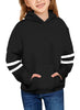 Front view of little model wearing black long sleeves girls' pullover hoodie