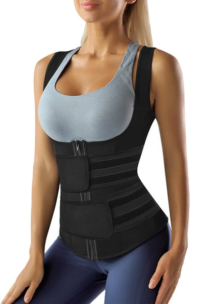Angled view of model wearing black zip-up snap corset women's waist trainer