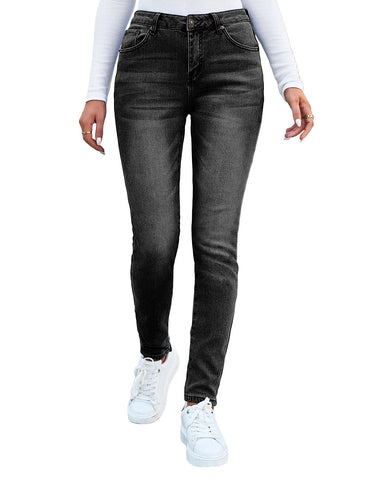 Black Women's Denim Fleece Mid Waist Thermal Jeggings Warm Trousers Jeans