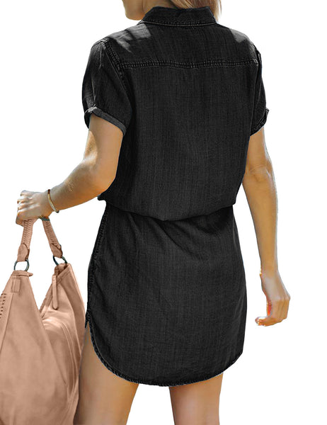 Black Elastic Waist Curved Hem Button Down Denim Shirt Dress