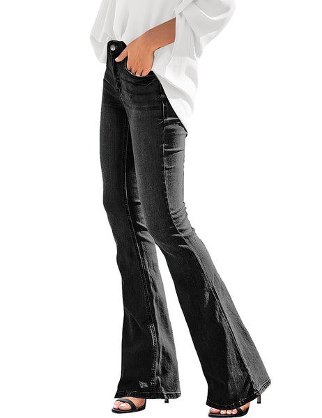 Side view of model wearing black mid-waist wide leg flared denim jeans