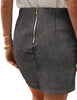 Back view of model wearing black tulip ruched denim mini skirt