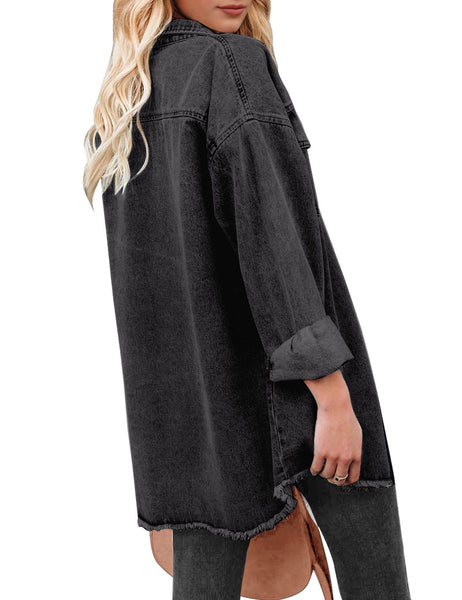 Angled back view of model wearing black button-up oversized women's denim shacket