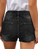 Back view of model wearing black ripped mid-waist raw hem denim shorts