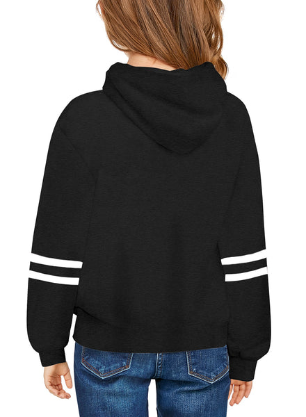 Back view of little model wearing black long sleeves girls' pullover hoodie