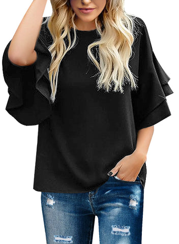 Black Women's Summer Blouse Casual Ruffle 3/4 Sleeve Tops Loose Shirts