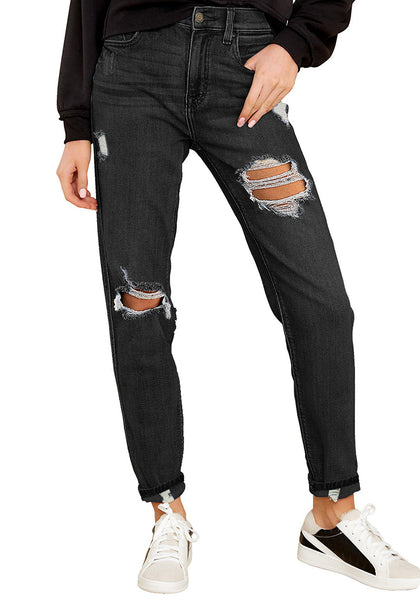 Model wearing Black Cuffed Ripped Denim Boyfriend Jeans