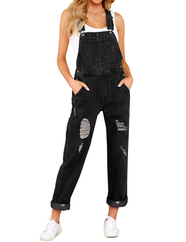 Black Cuffed Hem Ripped Bib Denim Overall Jumpsuit