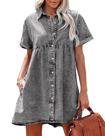 Foxy Gray Women's Short Sleeve Button Down Flowy Tiered Babydoll Denim Dress