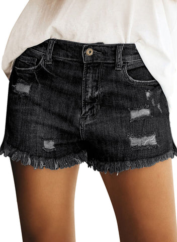 Women Summer High Waisted Sewn Cuffed Hem Buttons Denim Jean Shorts