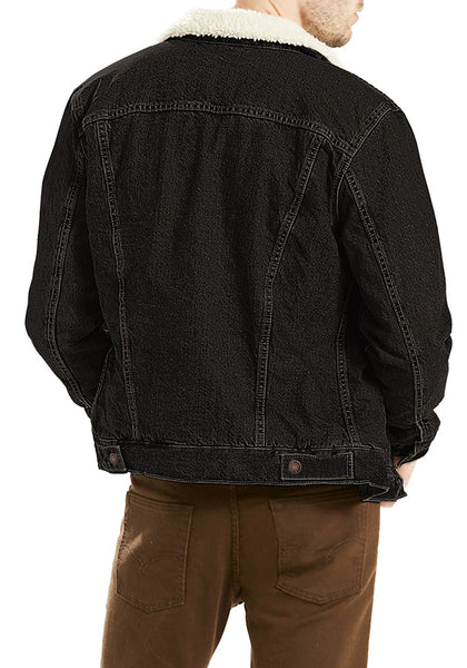 Back view of model wearing Men's Black Faux Fur Lapel Button Down Denim Jacket