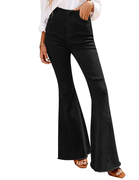 Posing model wearing Black Slit Knee High-Waist Frayed Hem Flared Denim Jeans