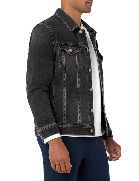 Side view of model wearing black men's basic button down denim jacket