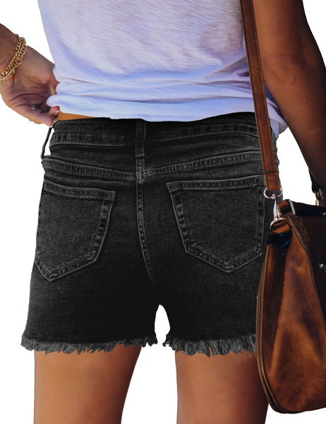 Black Rolled Hem Mid-Waist Distressed Denim Shorts
