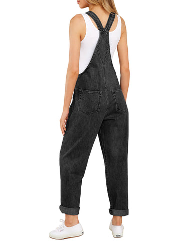 Black Women's Casual Stretch Denim Bib Overalls Pants Pocketed Jeans Jumpsuits
