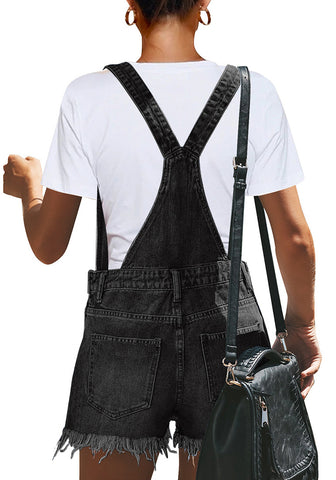 Women's Ripped Denim Bib Overall Shorts Raw Hem Shortall Jeans