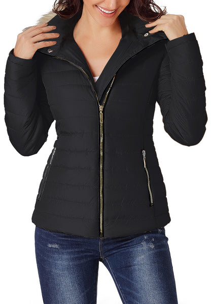 Front view of model wearing black faux fur hooded zip up quilted jacket 