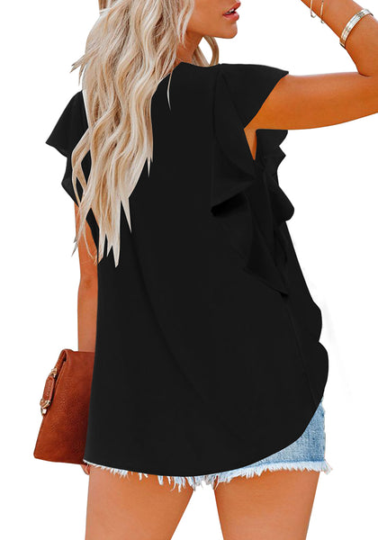 Back view of model wearing black short ruffle sleeves crew neck pleated loose top