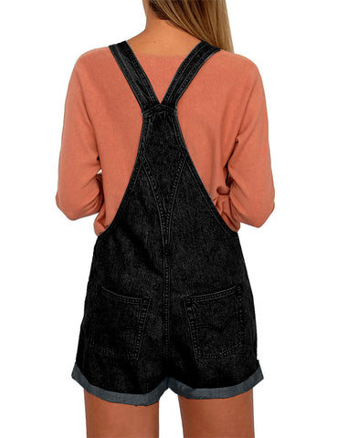 Women's Ripped Denim Bib Overall Shorts Raw Hem Shortall Jeans