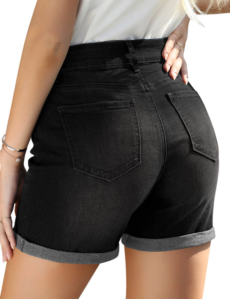 Back view of model wearing black rolled hem slim fit denim shorts