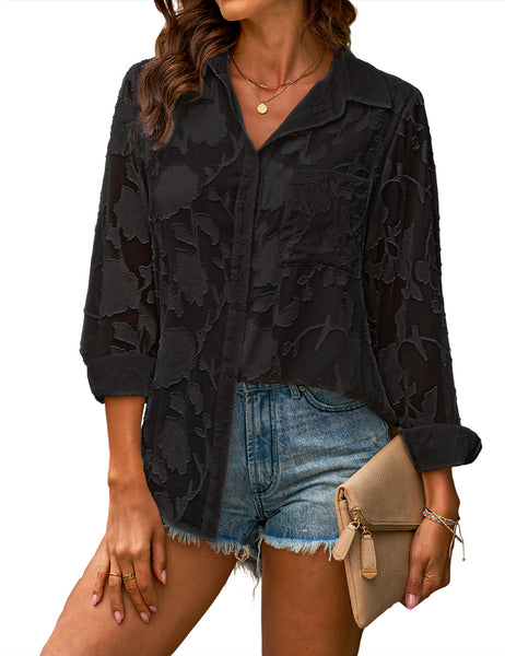 Black Long Sleeves Lace Button-Down Shirt | Lookbook Store