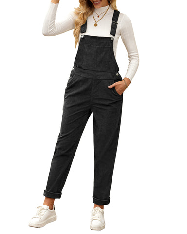 Black Womens Overalls Corduroy Bib Adjustable Straps Fashion Jumpsuit Overall for Women with Pocket